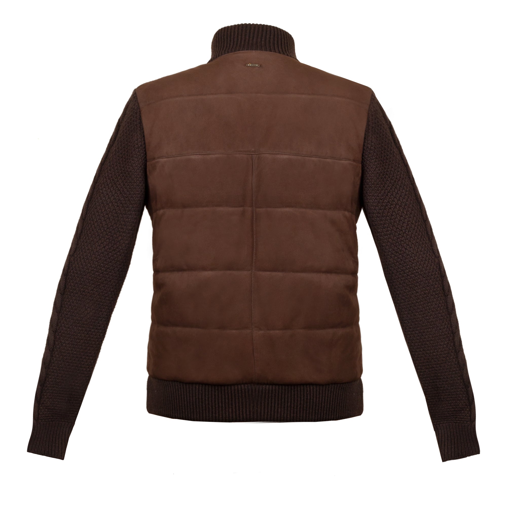 CHAMARRA CORTA DE CUELLO ALTO DE GAMUZA "NUBUCK" Y LANA TEJIDA COLOR CHOCOLATE