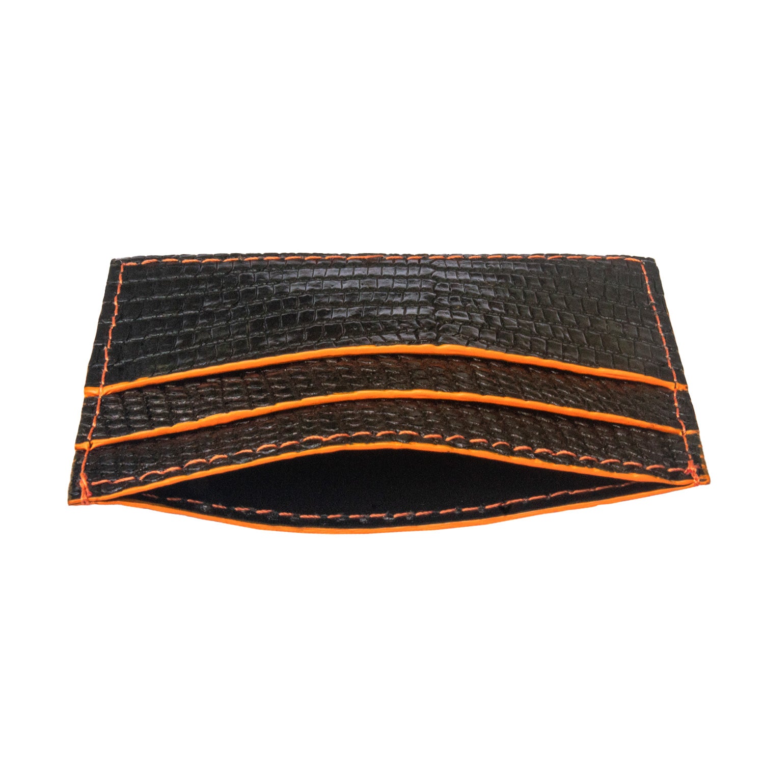 TARJETERO DE PIEL DE LIZAGARTO COLOR NEGRO DETALLES NARANJA