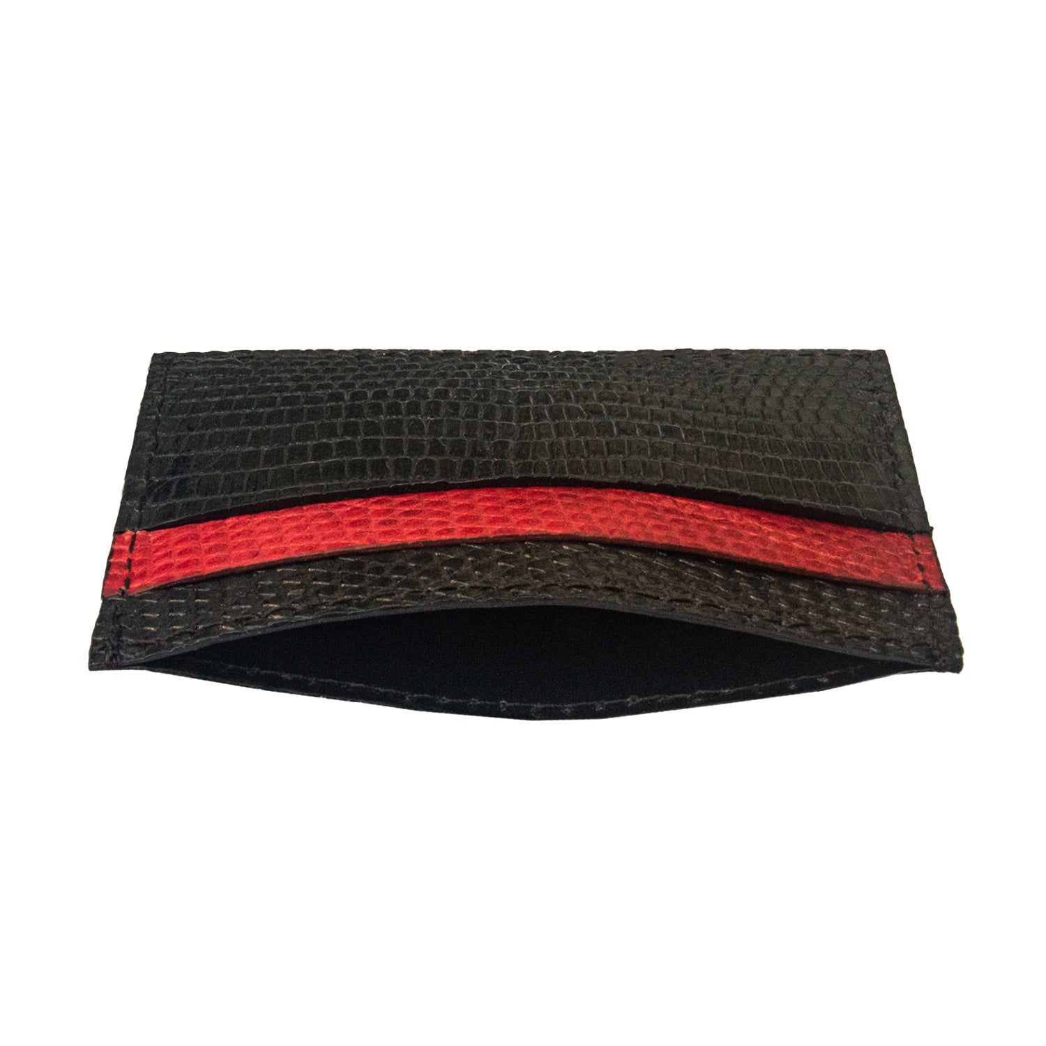 TARJETERO DE PIEL DE LIZAGARTO COLOR NEGRO DETALLES ROJO