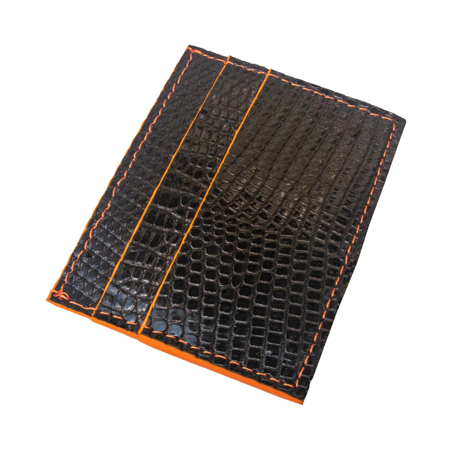 TARJETERO DE PIEL DE LIZAGARTO COLOR NEGRO DETALLES NARANJA