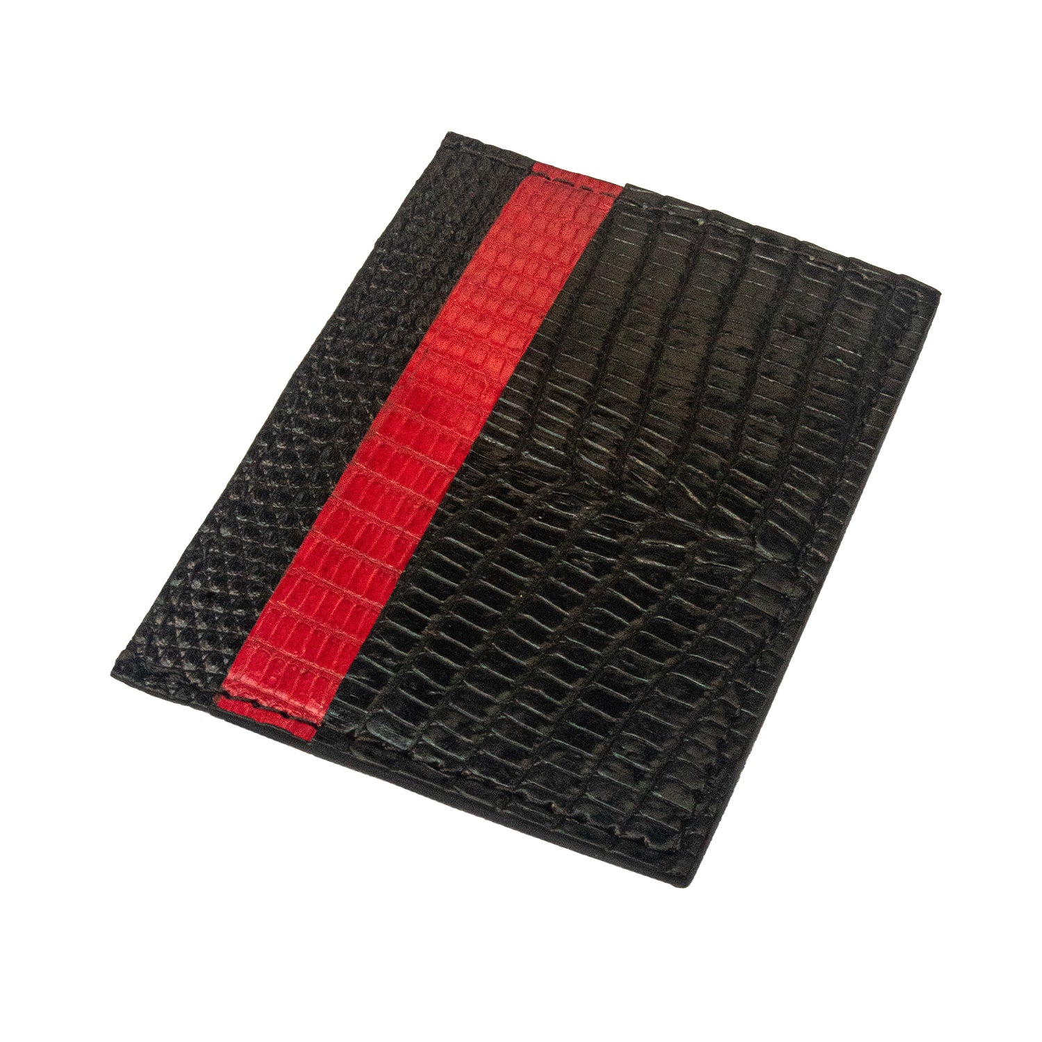 TARJETERO DE PIEL DE LIZAGARTO COLOR NEGRO DETALLES ROJO