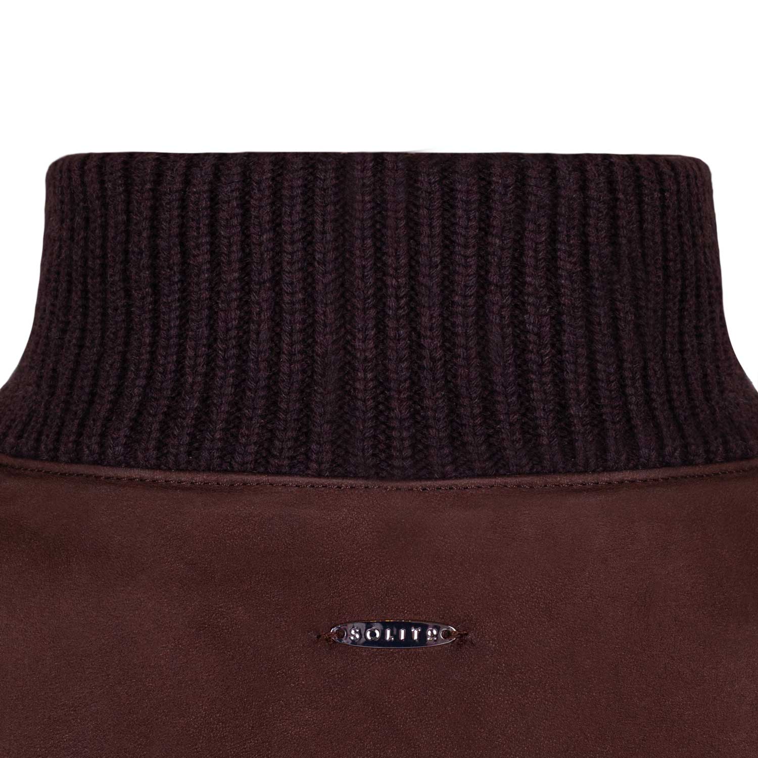 CHAMARRA CORTA DE CUELLO ALTO DE GAMUZA "NUBUCK" Y LANA TEJIDA COLOR CHOCOLATE