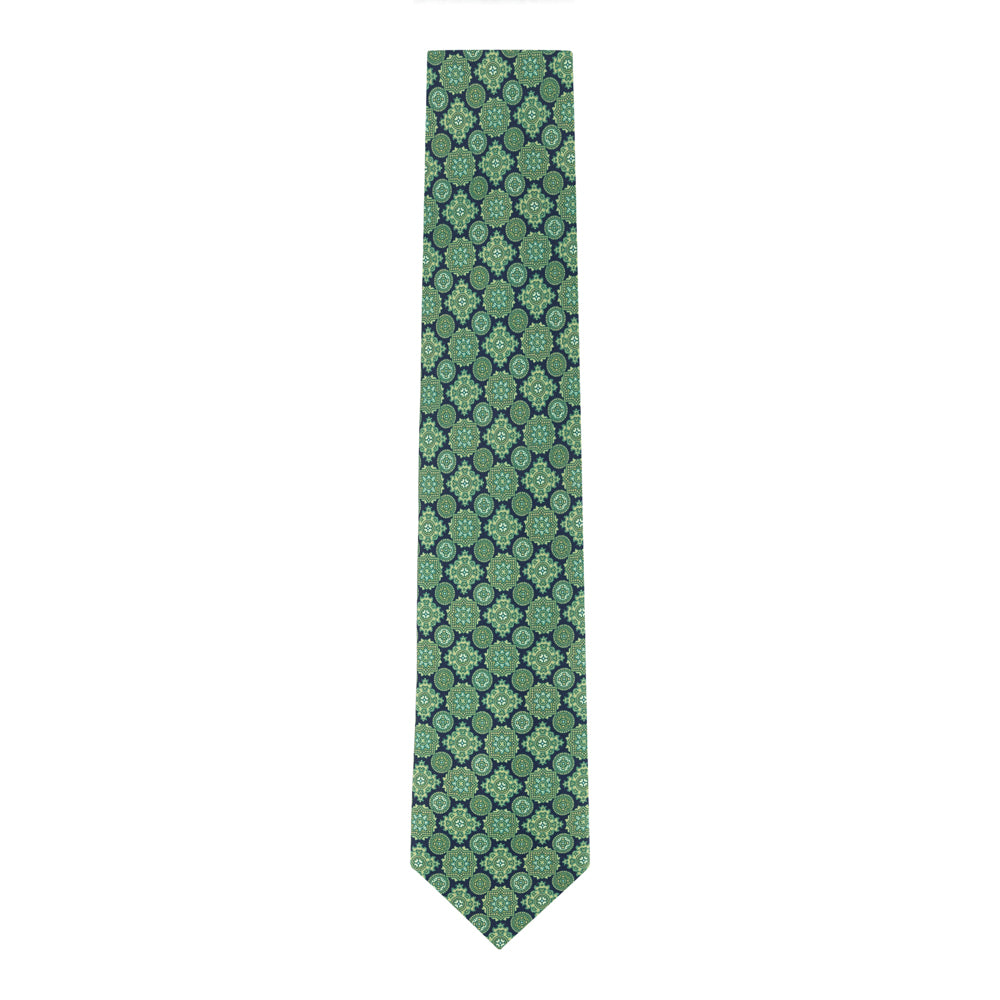 CORBATA FONDO AZUL MARINO CON MANDALAS VERDES PEQUEÑOS