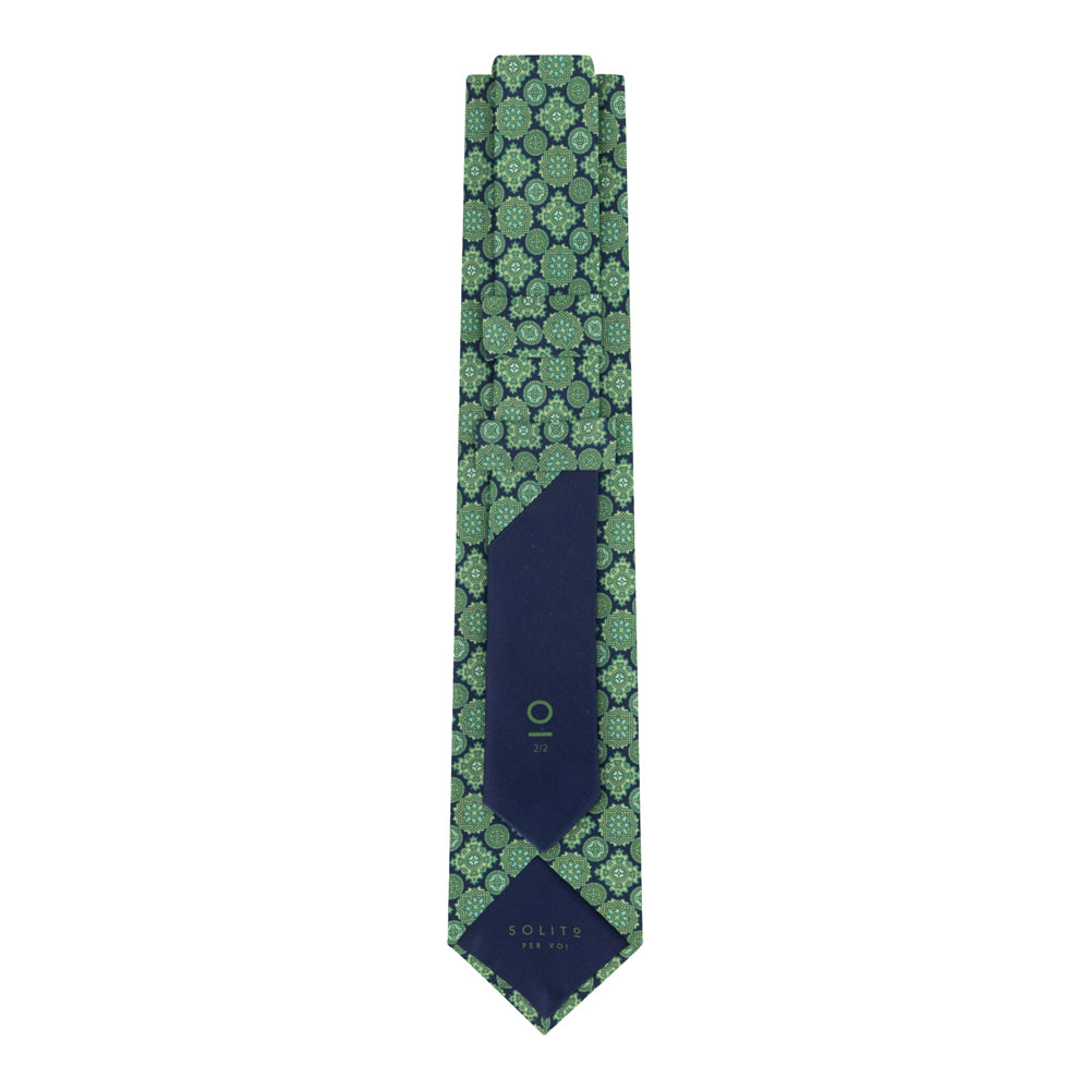 CORBATA FONDO AZUL MARINO CON MANDALAS VERDES PEQUEÑOS