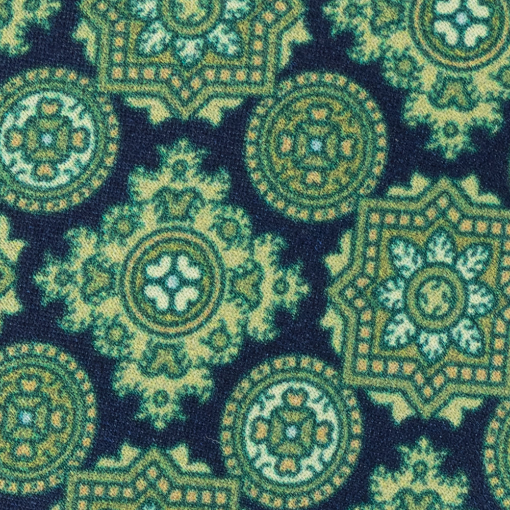 CORBATA FONDO AZUL MARINO CON MANDALAS VERDES PEQUEÑOS