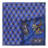 PAÑUELO AZUL MEDIA NOCHE PALMERAS Y ELEFANTES DOBLE VISTA AZUL CON FLOR ROSAS 100 % SEDA