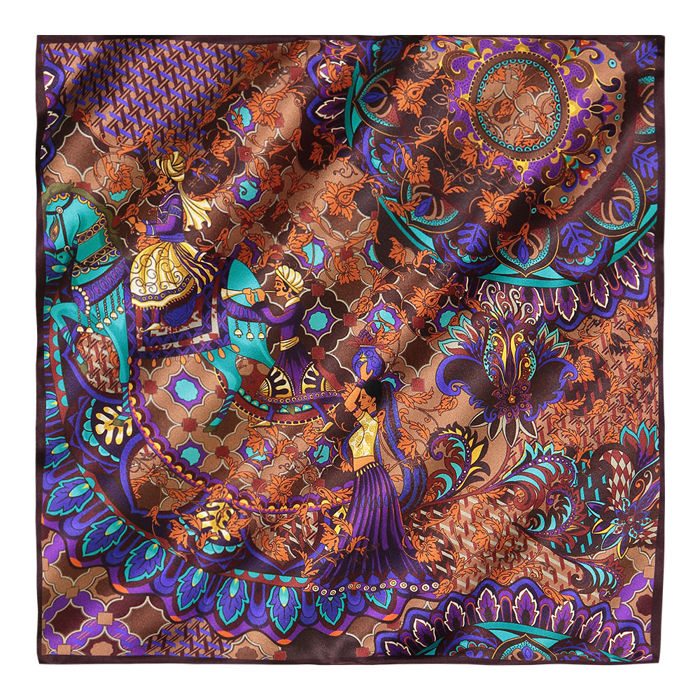 PAÑUELO CABALLO AZUL CON MANDALA CAFÉ DOBLE VISTA CAFE CON FLORES NARANJAS 100 % SEDA