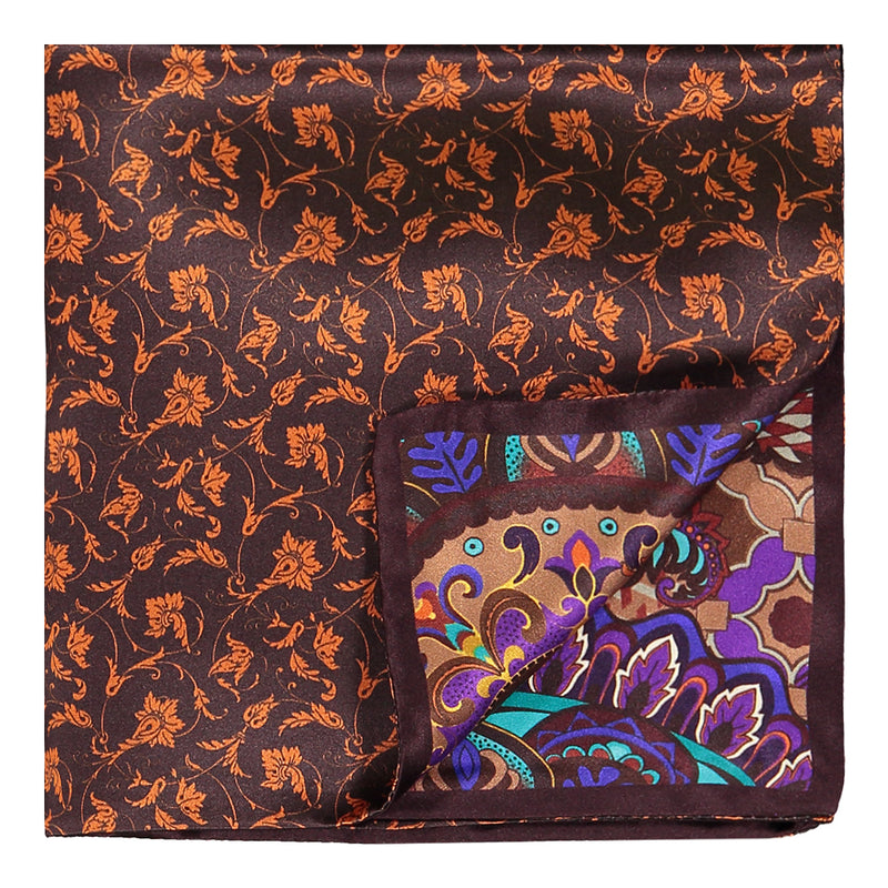 PAÑUELO CABALLO AZUL CON MANDALA CAFÉ DOBLE VISTA CAFE CON FLORES NARANJAS 100 % SEDA