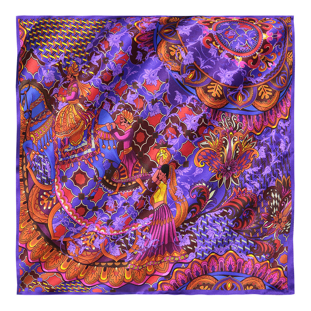 PAÑUELO CABALLO AZUL CON MANDALA MORADO DOBLE VISTA MORADO CON FLORES VIOLETAS 100 % SEDA