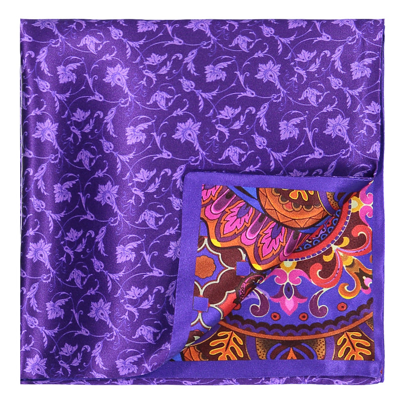 PAÑUELO CABALLO AZUL CON MANDALA MORADO DOBLE VISTA MORADO CON FLORES VIOLETAS 100 % SEDA