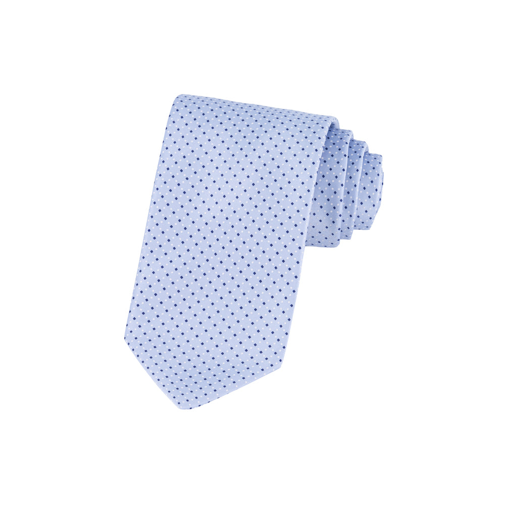 SET DE CORBATA CON PAÑUELO AZUL CIELO CON PUNTOS AZUL MARINO 100% SEDA