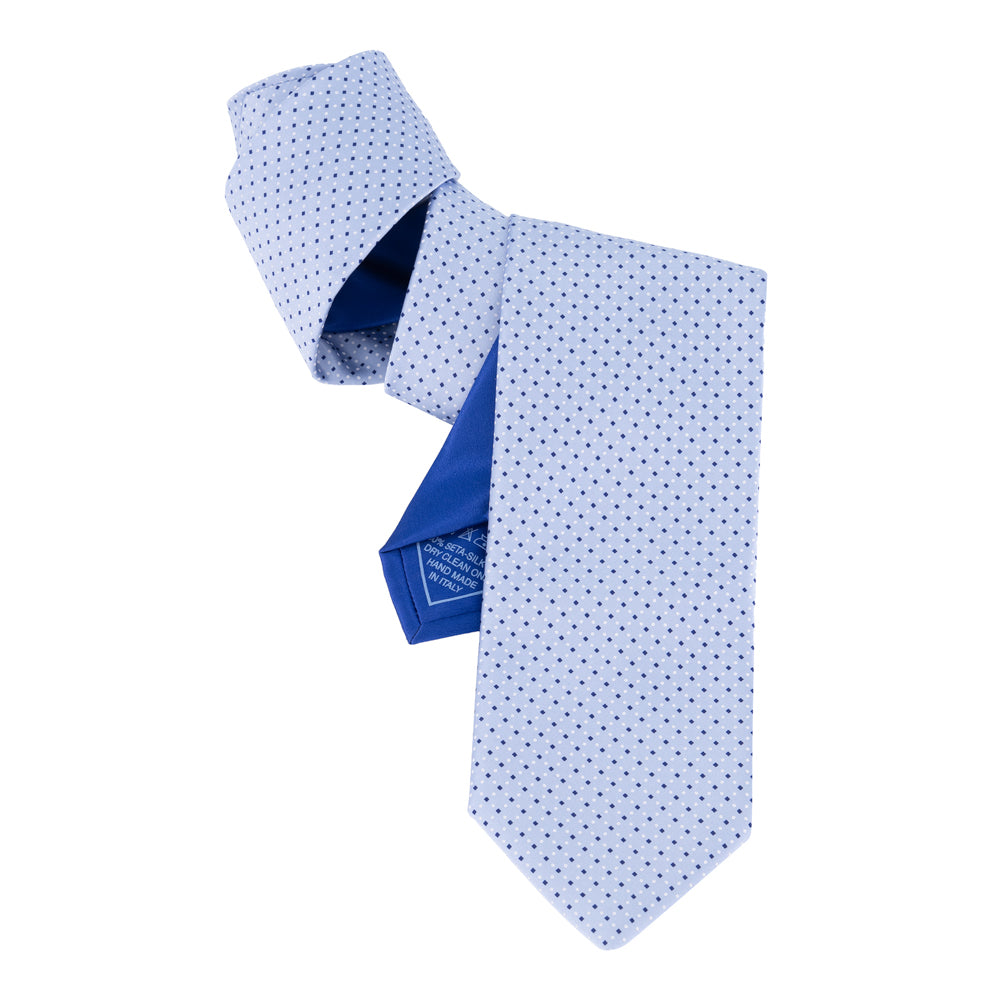 SET DE CORBATA CON PAÑUELO AZUL CIELO CON PUNTOS AZUL MARINO 100% SEDA
