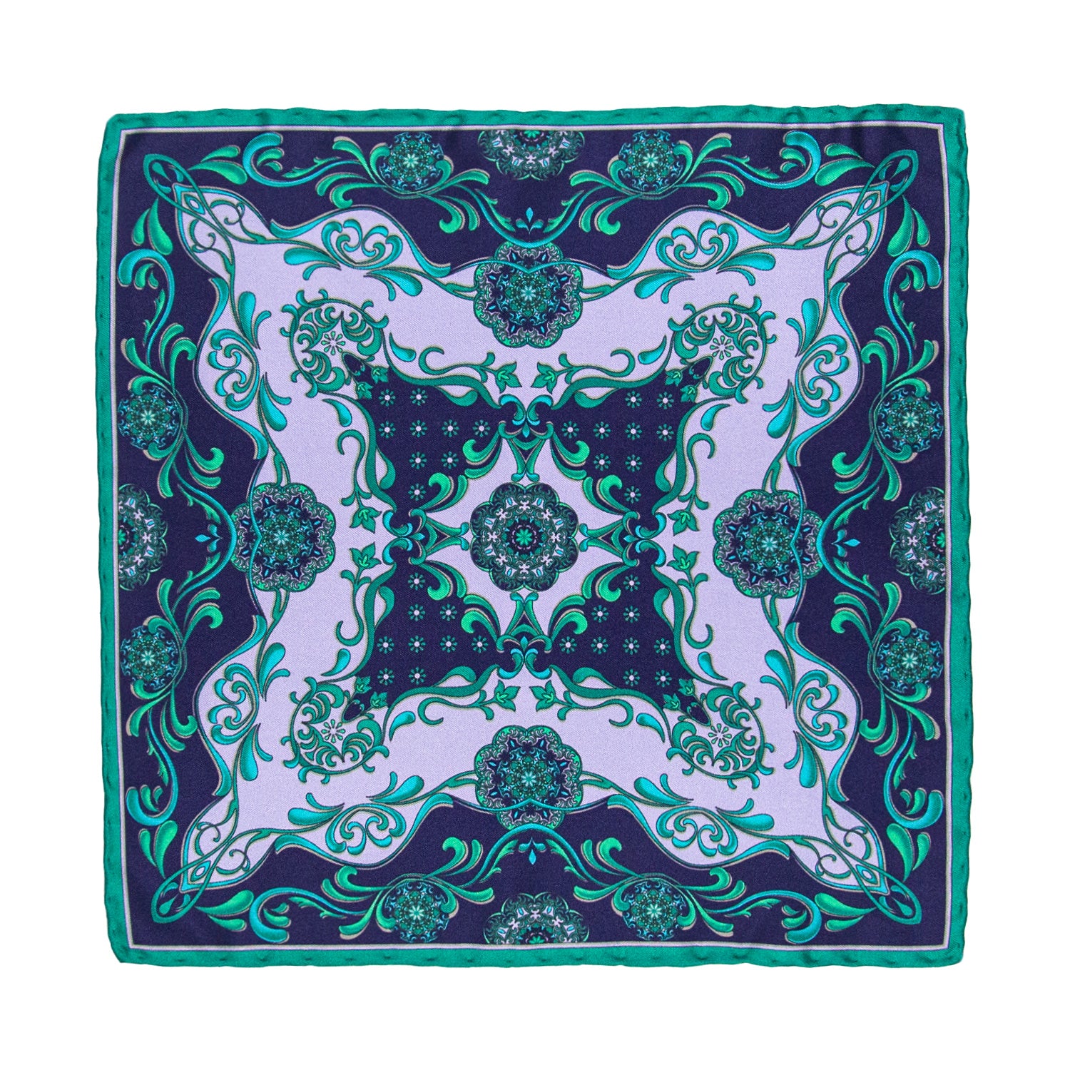 CORBATA EN SET CON PAÑUELO MORADO CON CONTRASTES VERDE LILA CON CAJA 100% SEDA