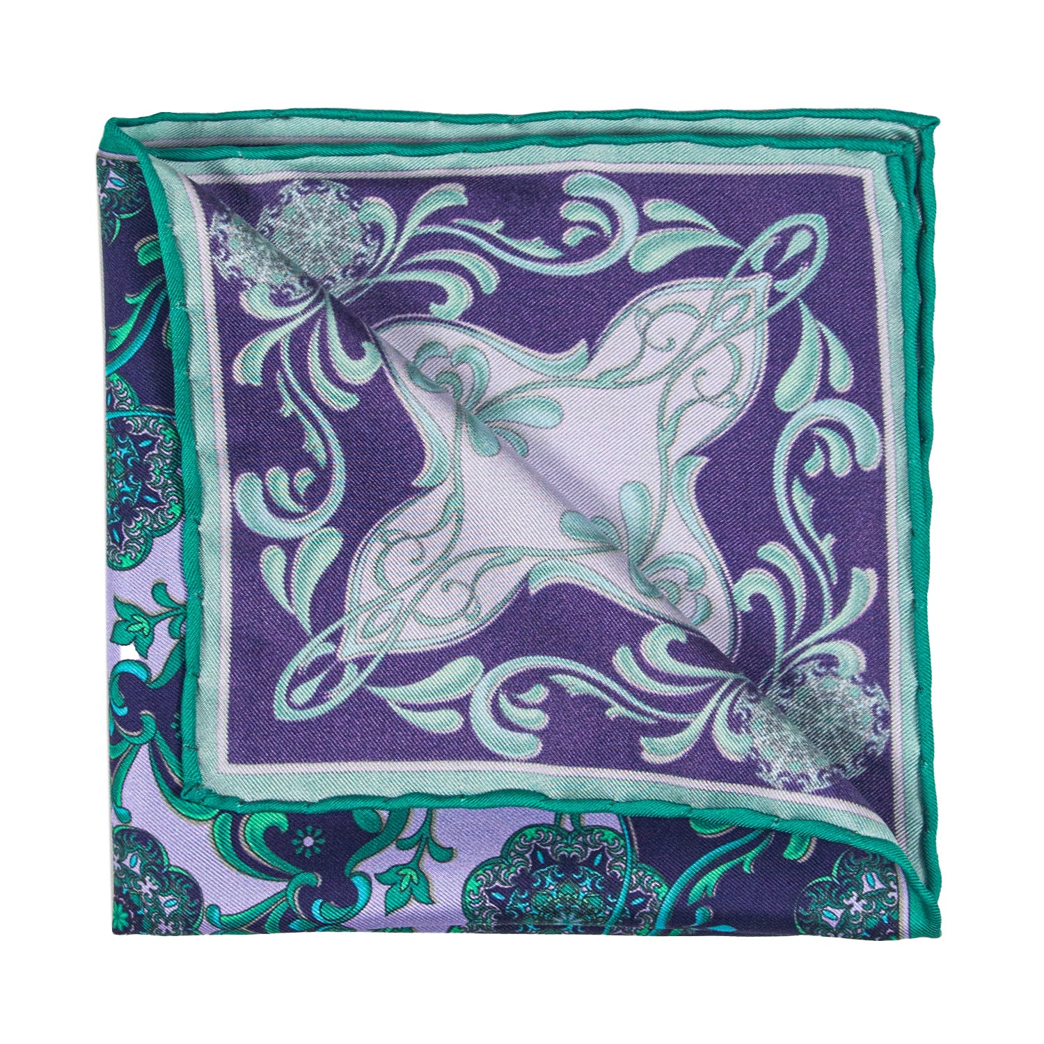 CORBATA EN SET CON PAÑUELO MORADO CON CONTRASTES VERDE LILA CON CAJA 100% SEDA