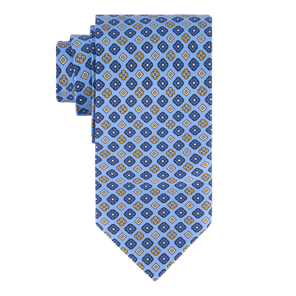 SET DE CORBATA CON PAÑUELO AZUL CLARO CON CUBOS AZULES Y FLORES AMARILLAS