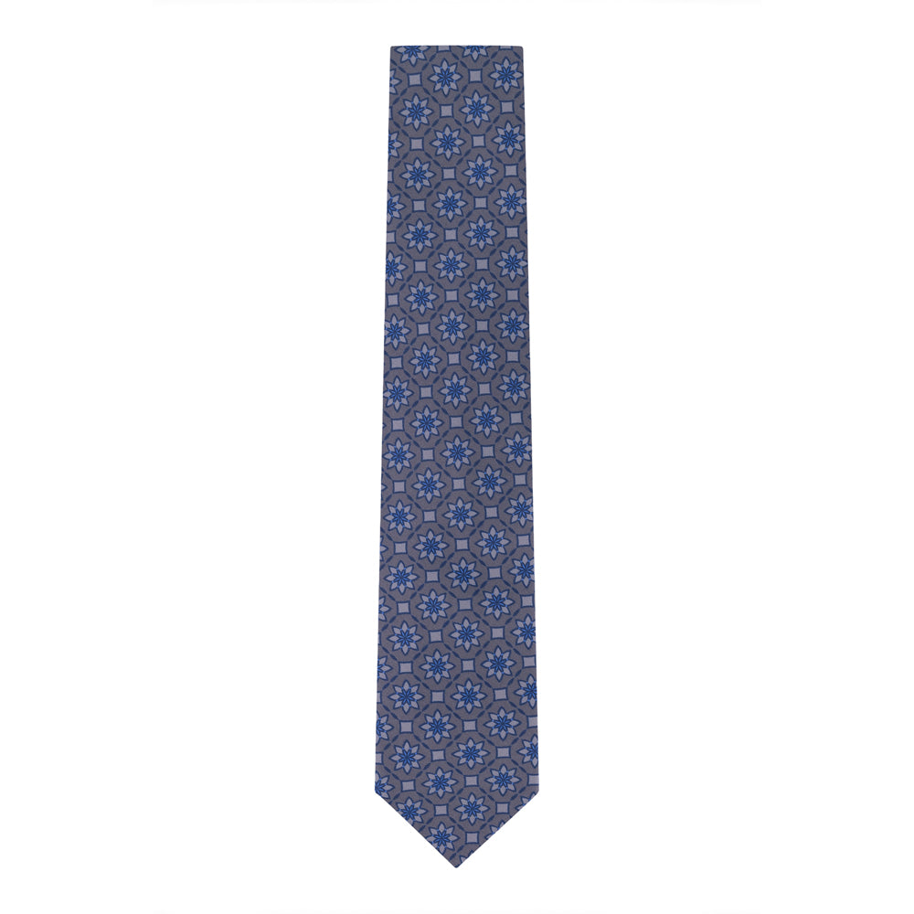 CORBATA GRIS ROMBO CON FLOR AZUL