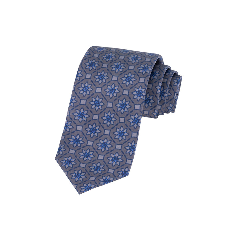 CORBATA GRIS ROMBO CON FLOR AZUL