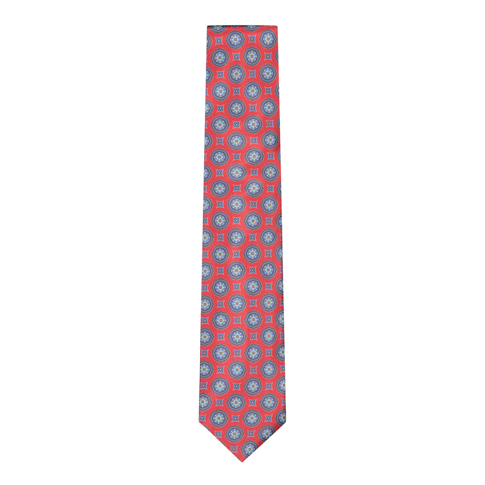 CORBATA 7 PLIEGUES CON CAJA DE SEDA ROJA CON MANDALAS AZULES
