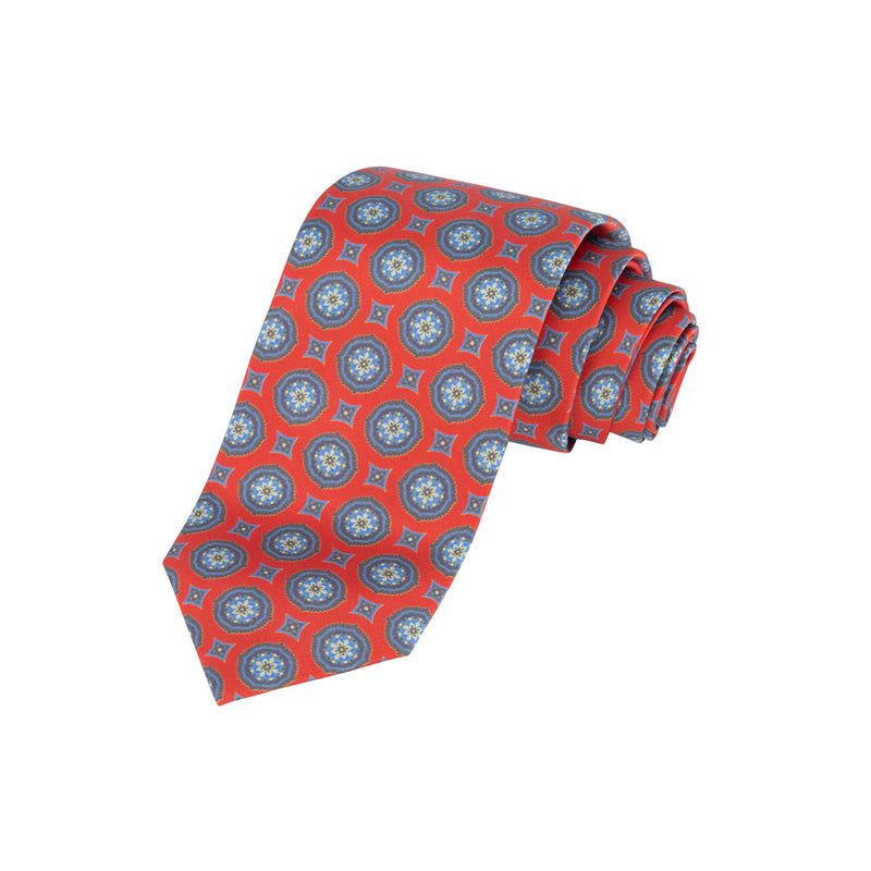 CORBATA 7 PLIEGUES CON CAJA DE SEDA ROJA CON MANDALAS AZULES
