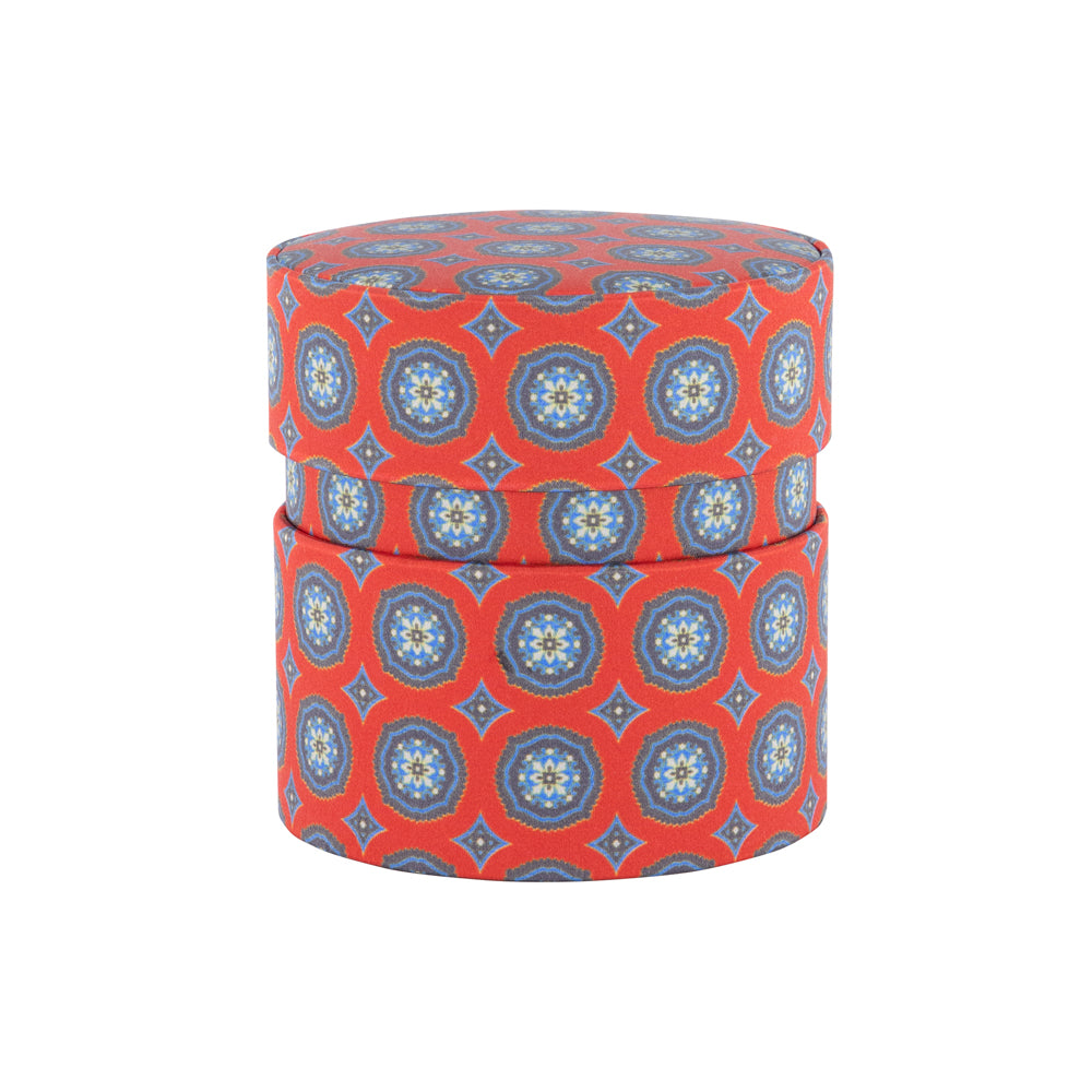 CORBATA 7 PLIEGUES CON CAJA DE SEDA ROJA CON MANDALAS AZULES
