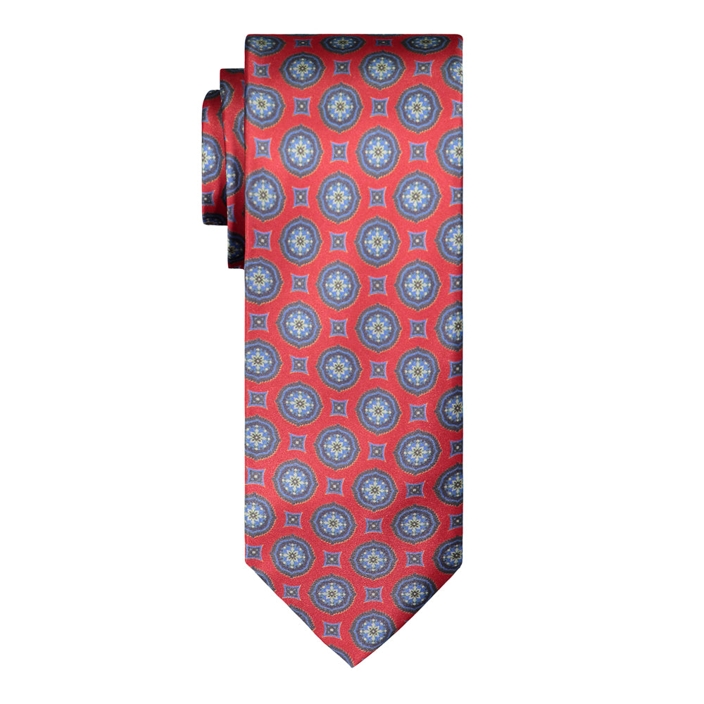 CORBATA 7 PLIEGUES CON CAJA DE SEDA ROJA CON MANDALAS AZULES