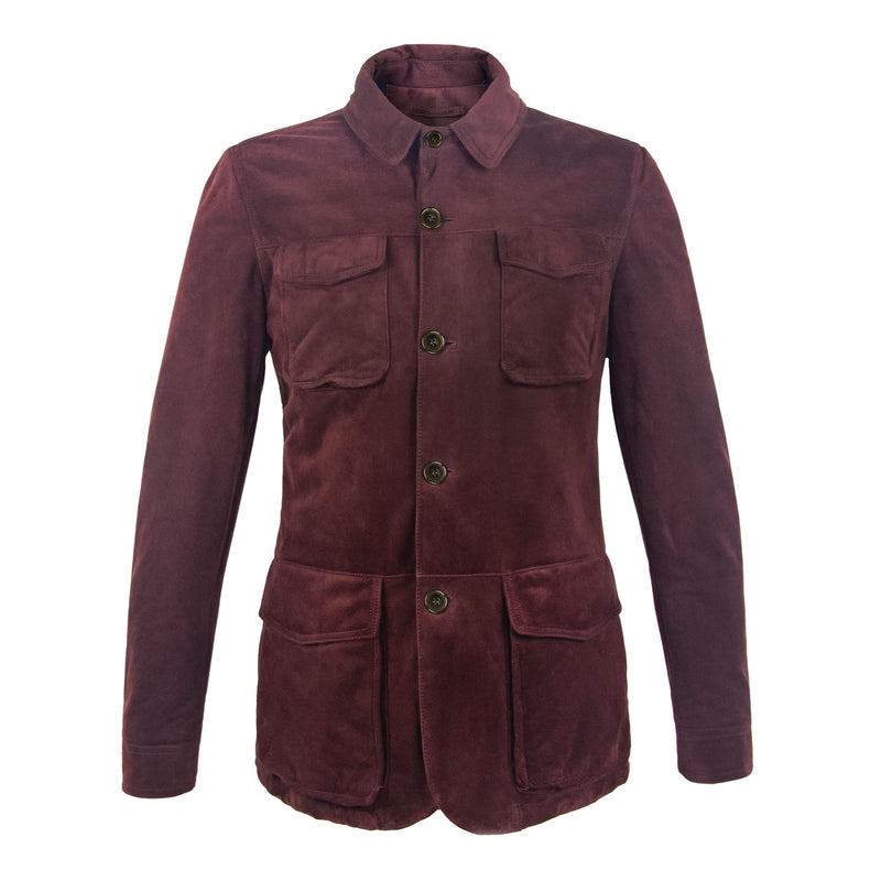 CHAMARRA CAZADORA TIPO "TRAVELLER" DE GAMUZA COLOR VINO CON INTERNO DE CASHMERE