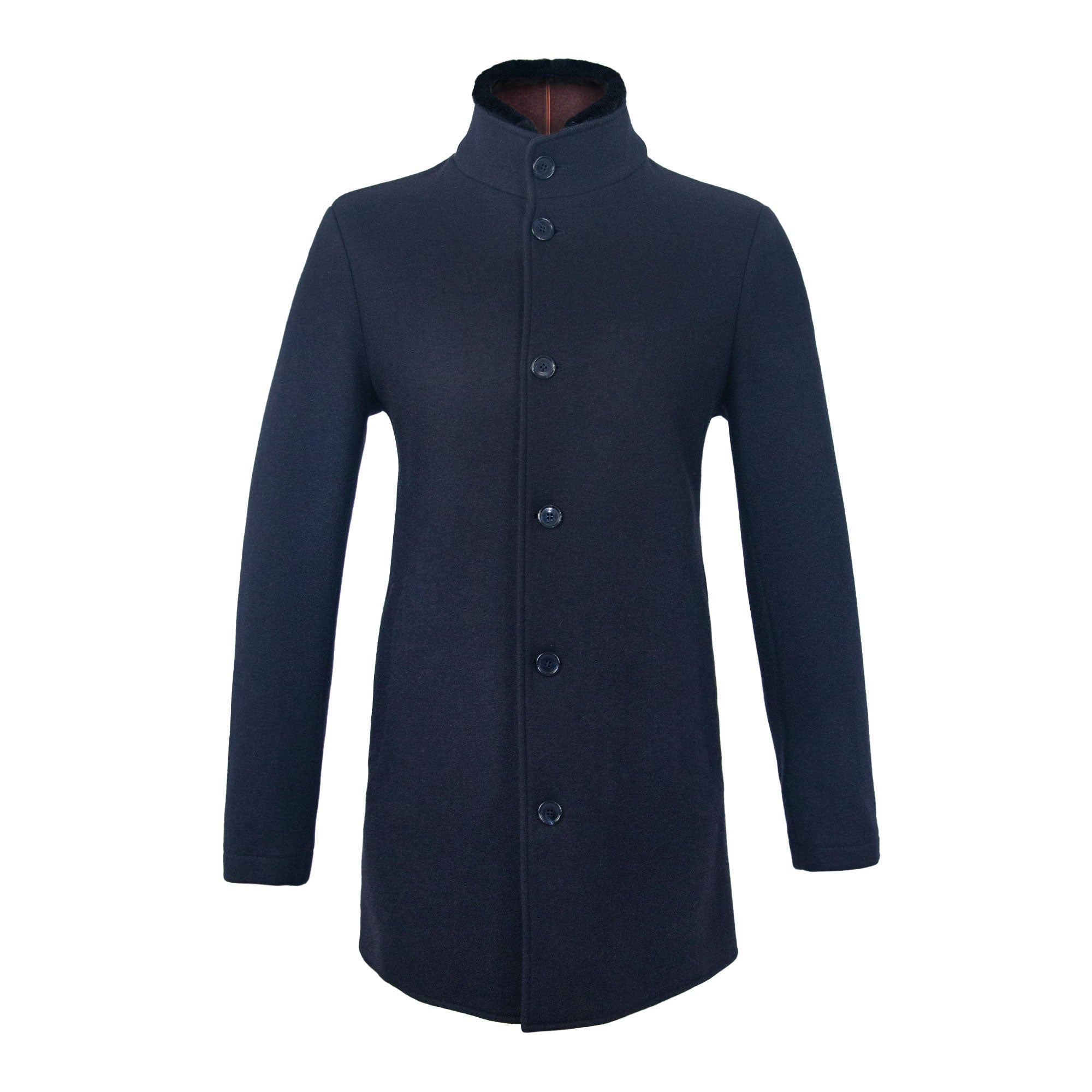 GABARDINA DE CASHMERE AZUL CON INTERIOR DE CASHMERE VINO Y CUELLO DESMONTABLE DE CASTOR