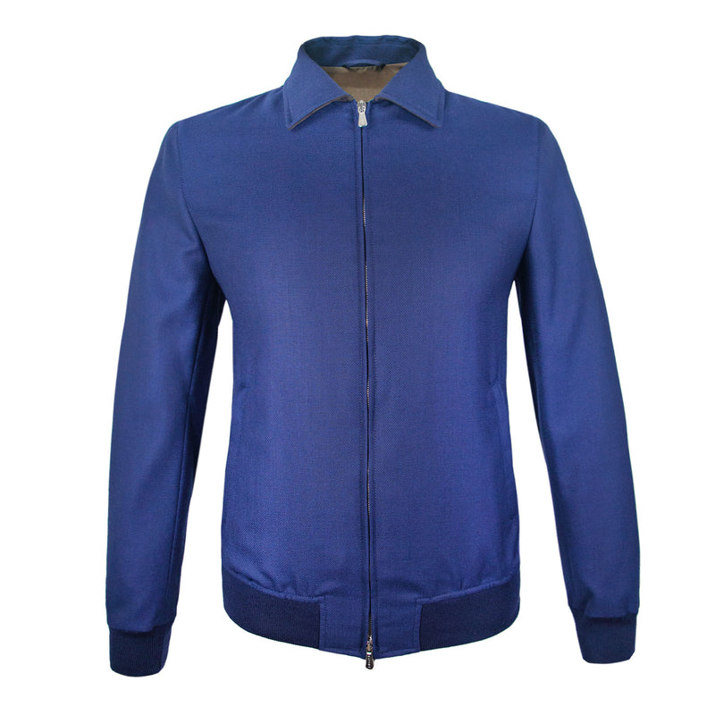 CHAMARRA CORTA DE LANA COLOR AZUL CON DETALLES EN GAMUZA CAFÉ Y CUELLO CAMISA
