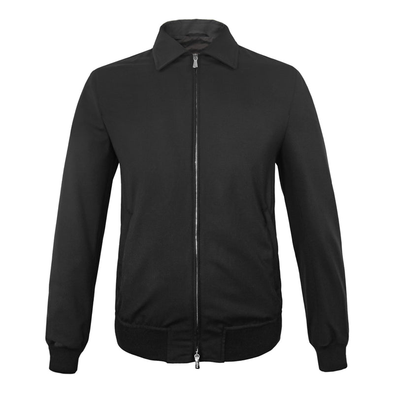 CHAMARRA CORTA DE LANA COLOR NEGRO CON DETALLES EN GAMUZA Y CUELLO CAMISA