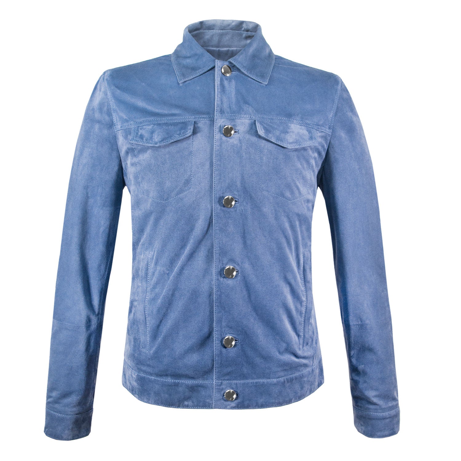 CHAMARRA CORTA DE GAMUZA AZUL CON CUELLO DE CAMISA