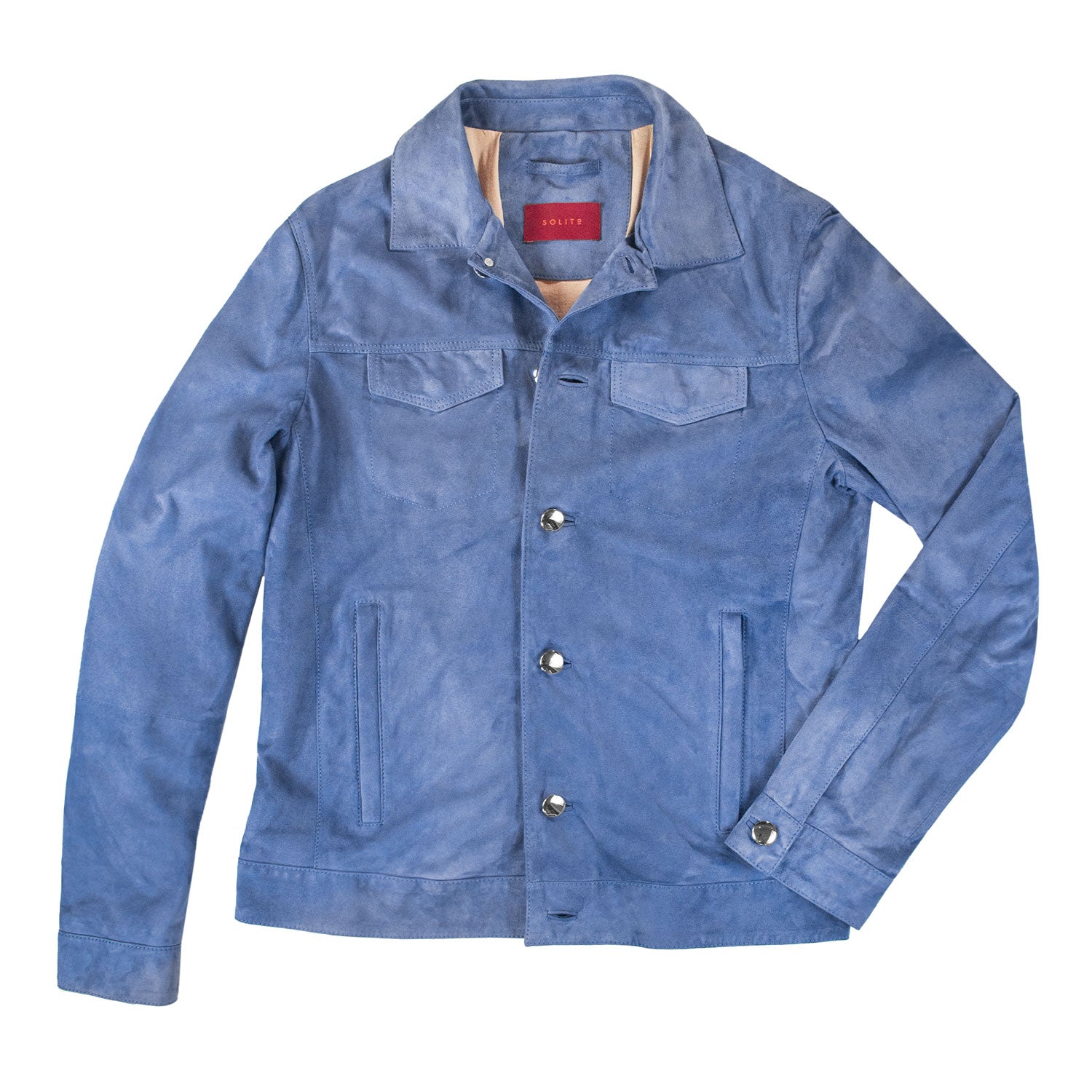 CHAMARRA CORTA DE GAMUZA AZUL CON CUELLO DE CAMISA