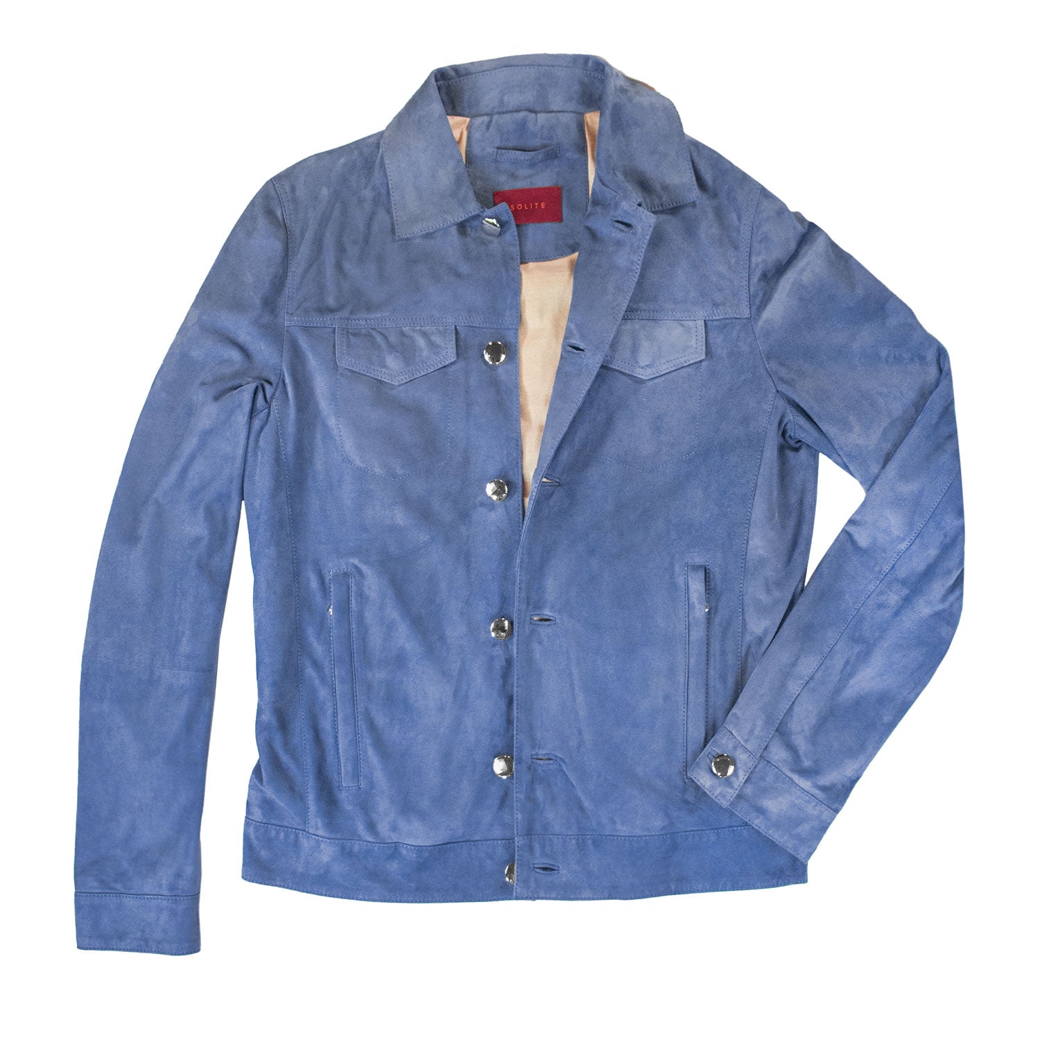 CHAMARRA CORTA DE GAMUZA AZUL CON CUELLO DE CAMISA