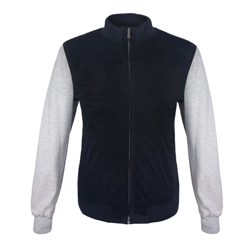 CHAMARRA CORTA TIPO BOMBER EN PIEL GAMUZA AZUL CON MANGAS DE ALGODÓN JERSEY GRIS
