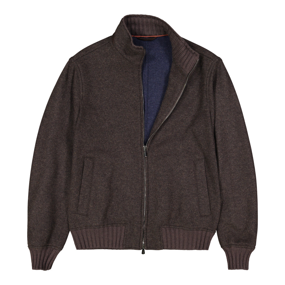 CHAMARRA DE CASHMERE JERSEY CAFÉ CLARO INTERIOR AZUL