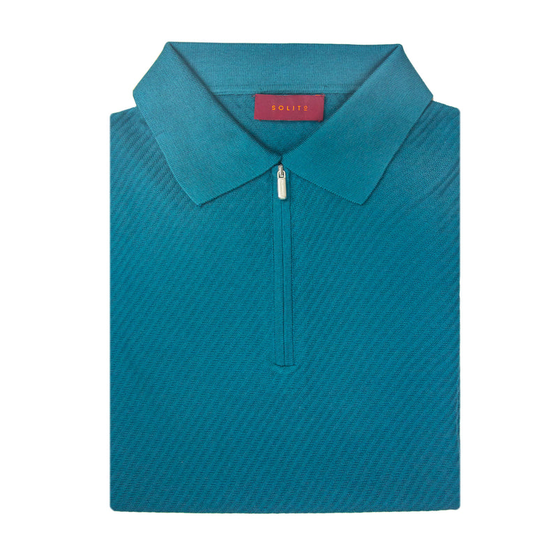 PLAYERA POLO ZIP MANGA CORTA DE LINO Y SEDA "TUSSAH" EN COLOR AZUL ANTRACITHE