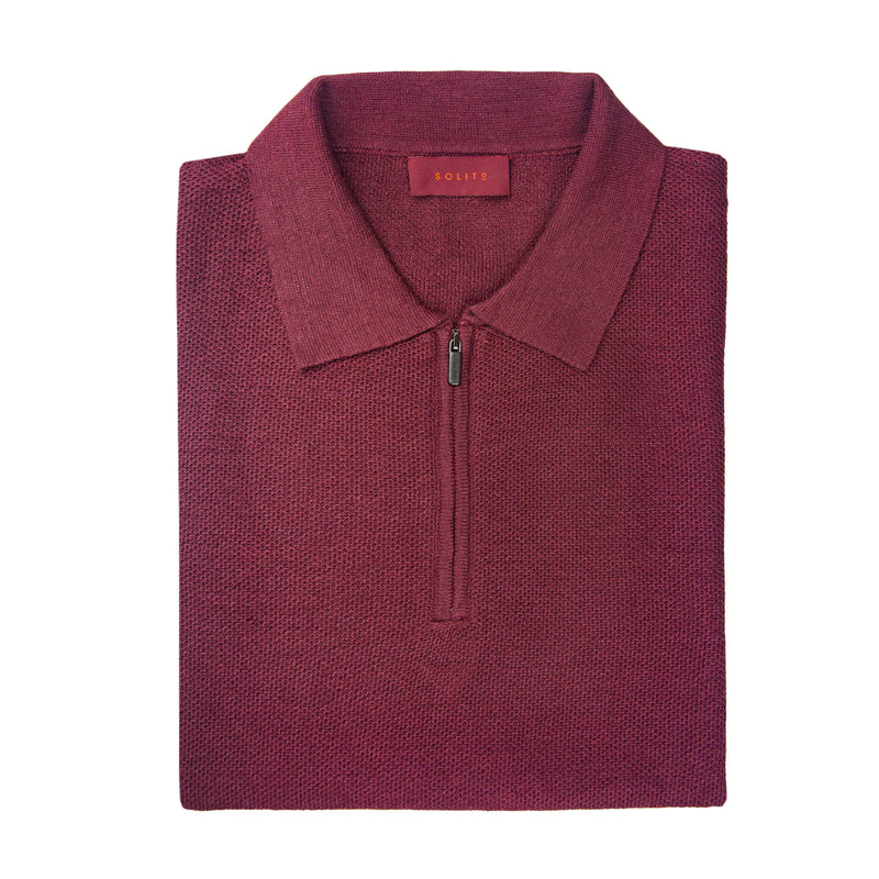 PLAYERA POLO ZIP MANGA CORTA DE LINO Y SEDA "TUSSAH" EN COLOR VINO