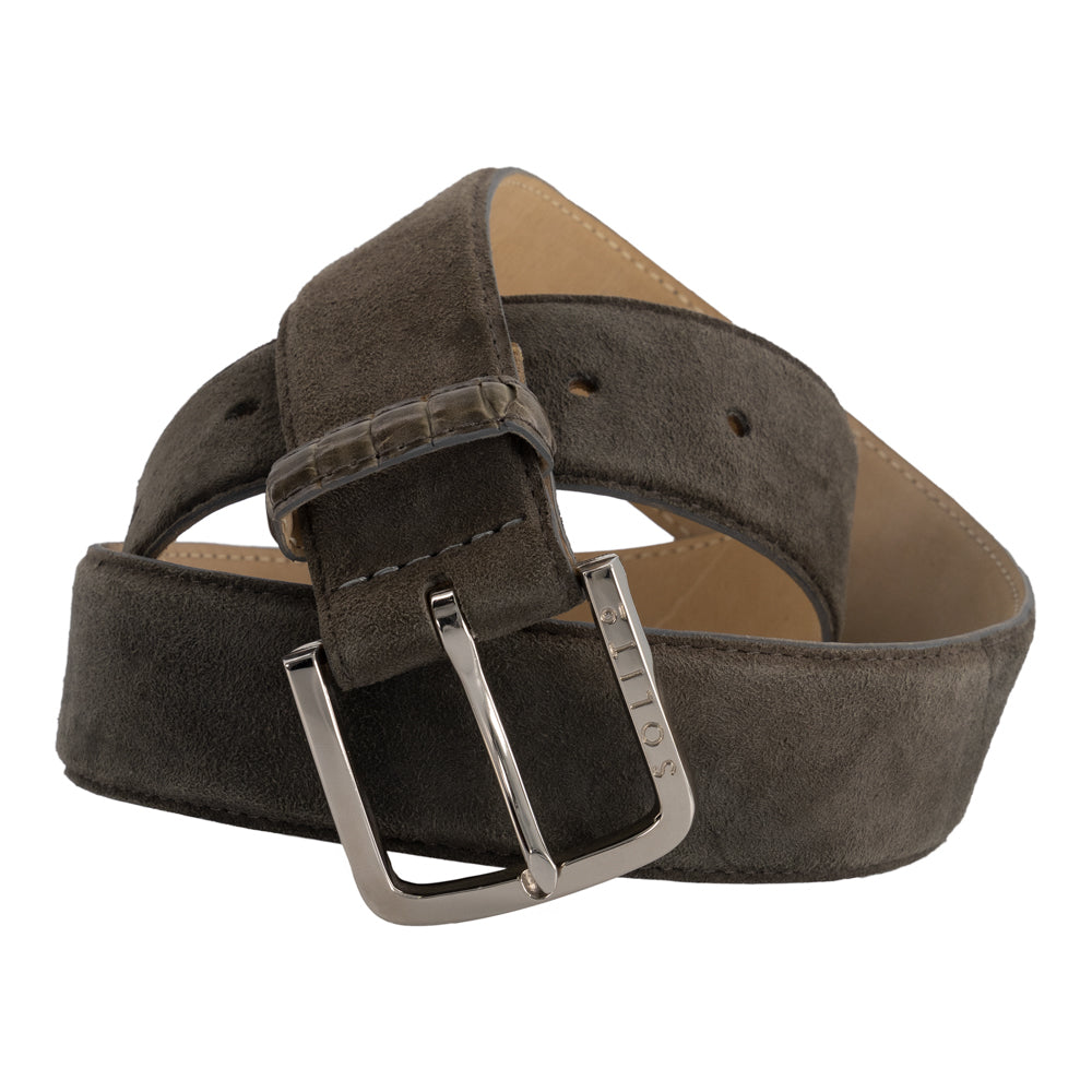 CINTURÓN DE GAMUZA GRIS CON DETALLE EN AVESTRUZ