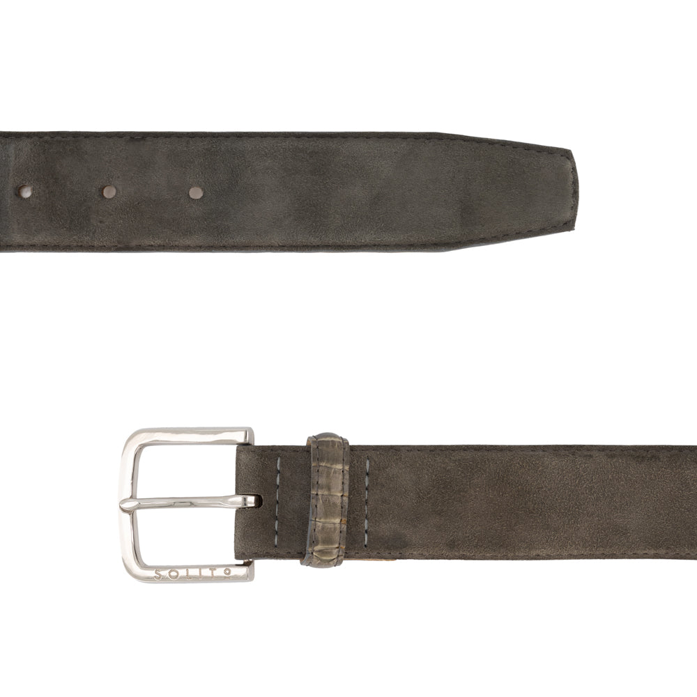 CINTURÓN DE GAMUZA GRIS CON DETALLE EN AVESTRUZ