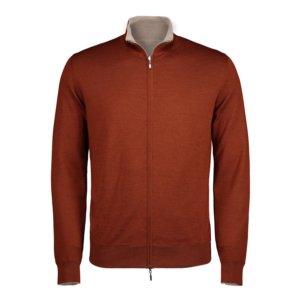 SUÉTER CASHMERE SEDA DOBLE VISTA LADRILLO NARANJA CON BEIGE