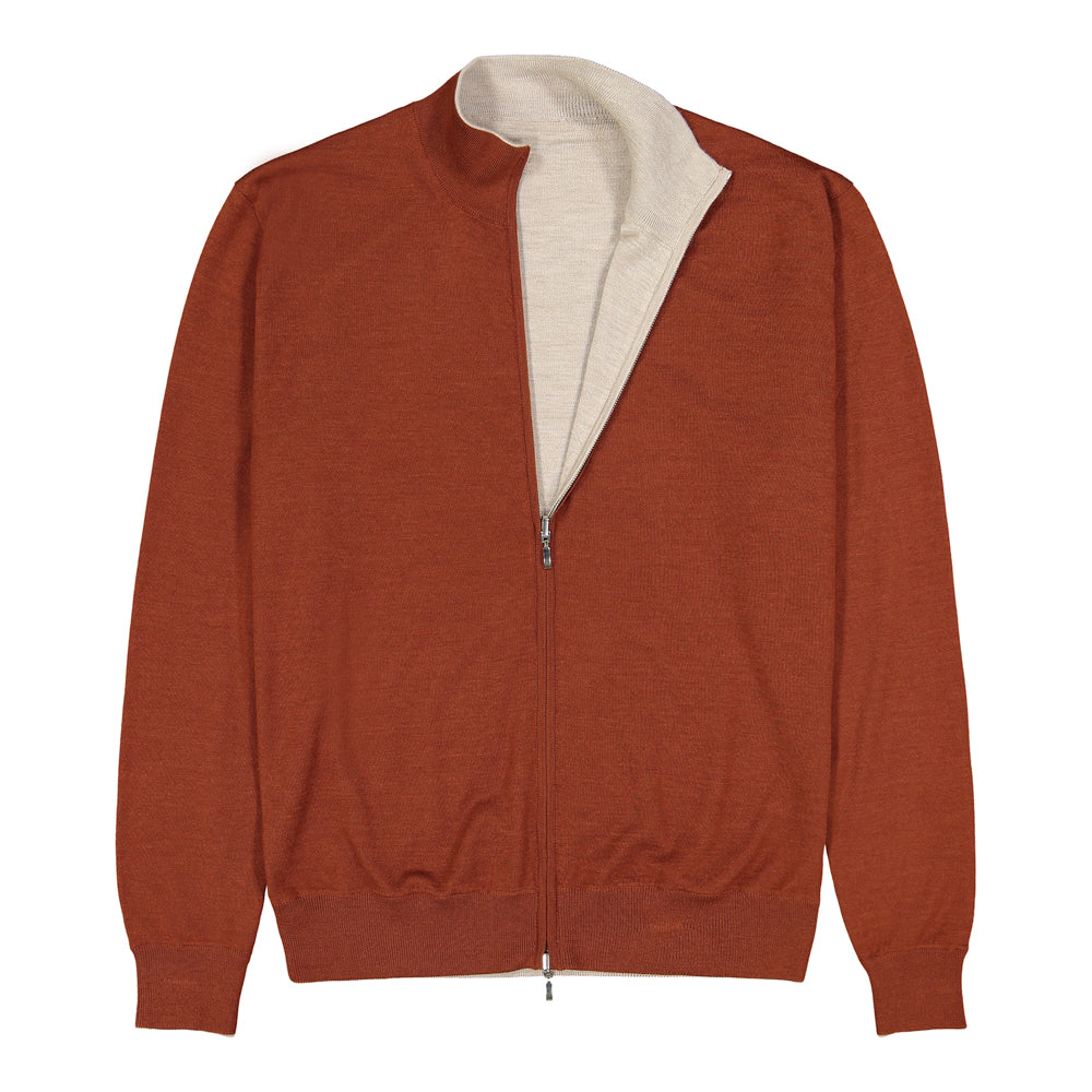 SUÉTER CASHMERE SEDA DOBLE VISTA LADRILLO NARANJA CON BEIGE