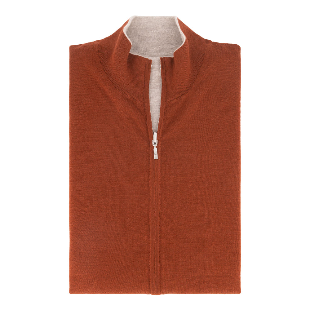 SUÉTER CASHMERE SEDA DOBLE VISTA LADRILLO NARANJA CON BEIGE