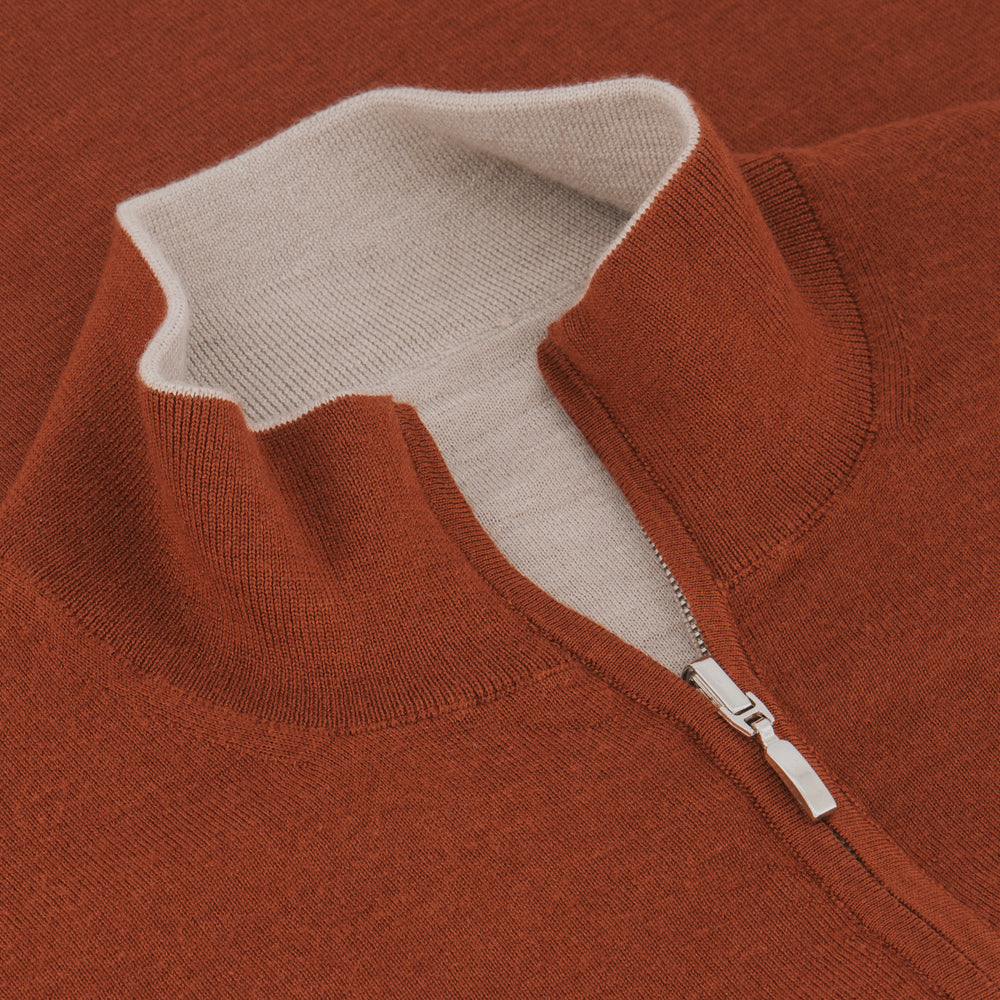 SUÉTER CASHMERE SEDA DOBLE VISTA LADRILLO NARANJA CON BEIGE
