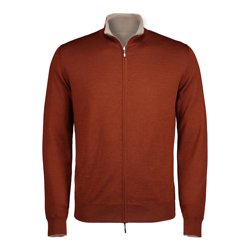 SUÉTER CASHMERE SEDA DOBLE VISTA LADRILLO NARANJA CON BEIGE