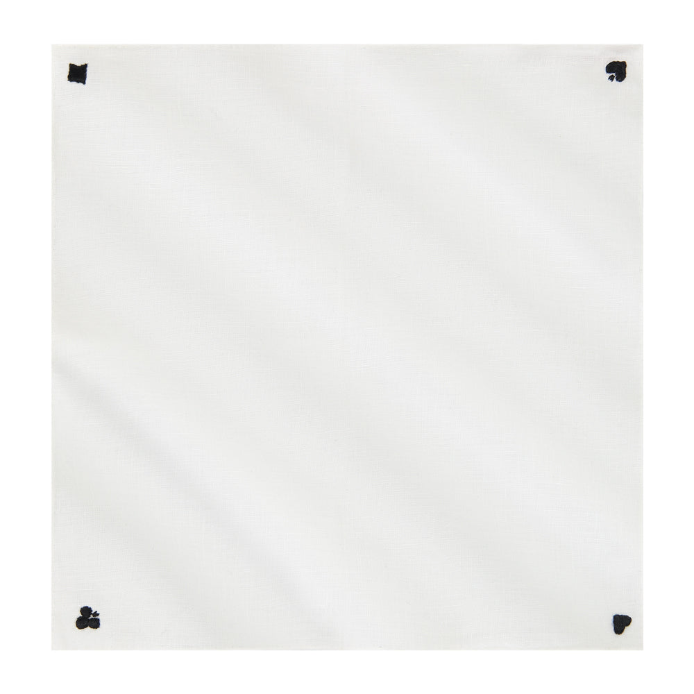 PAÑUELO EN LINO BLANCO CON SÍMBOLOS DE CARTAS NEGROS BORDADOS A MANO