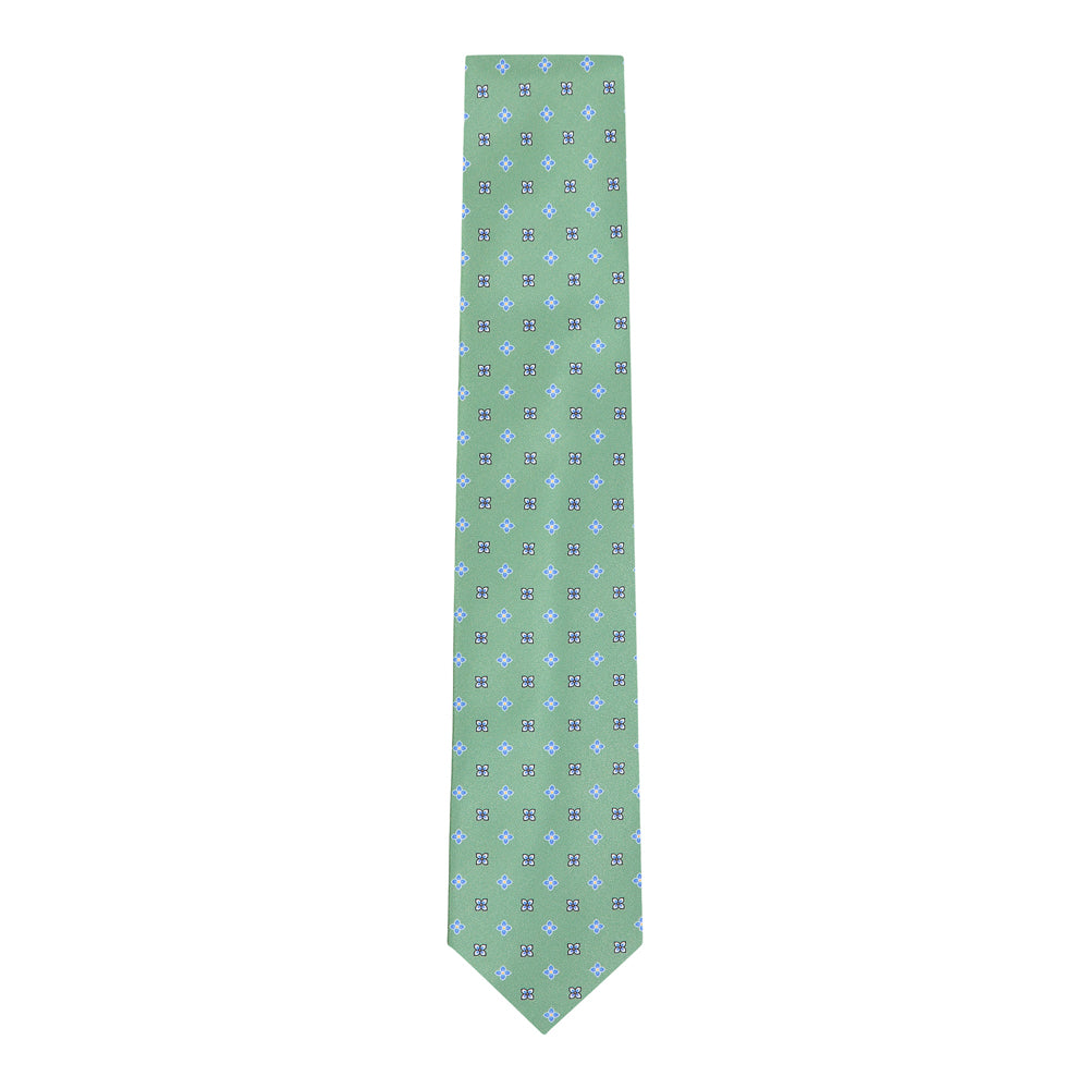 CORBATA 7 PLIEGUES CON PAÑUELO VERDE FLORES AZULES