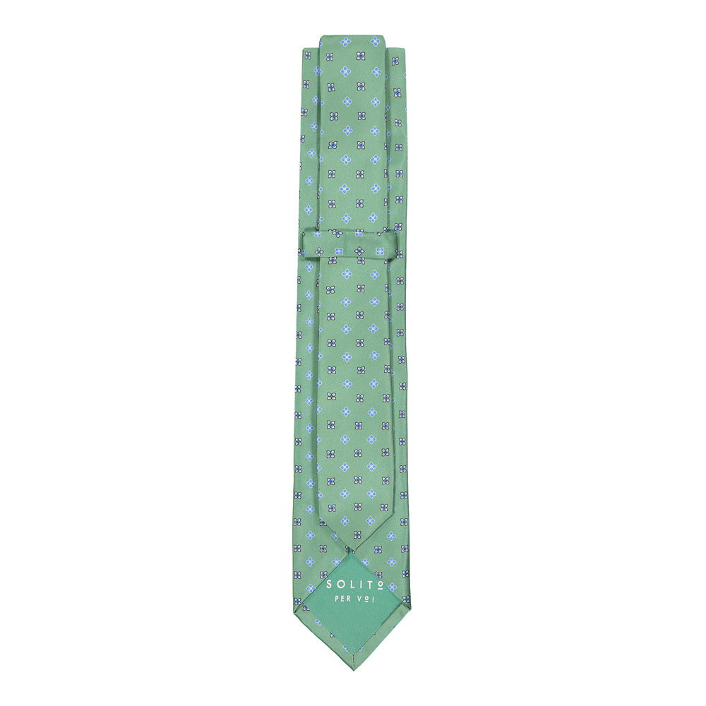 CORBATA 7 PLIEGUES CON PAÑUELO VERDE FLORES AZULES