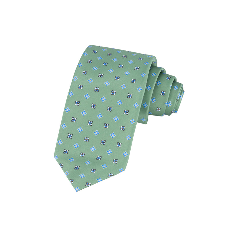 CORBATA 7 PLIEGUES CON PAÑUELO VERDE FLORES AZULES