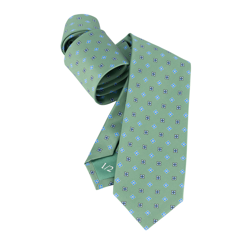 CORBATA 7 PLIEGUES CON PAÑUELO VERDE FLORES AZULES
