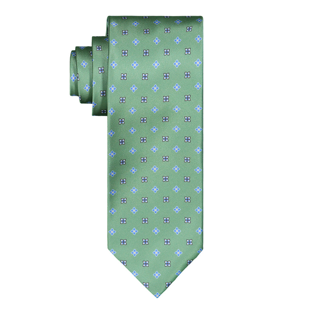 CORBATA 7 PLIEGUES CON PAÑUELO VERDE FLORES AZULES