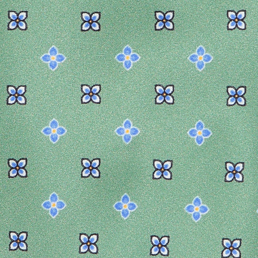 CORBATA 7 PLIEGUES CON PAÑUELO VERDE FLORES AZULES